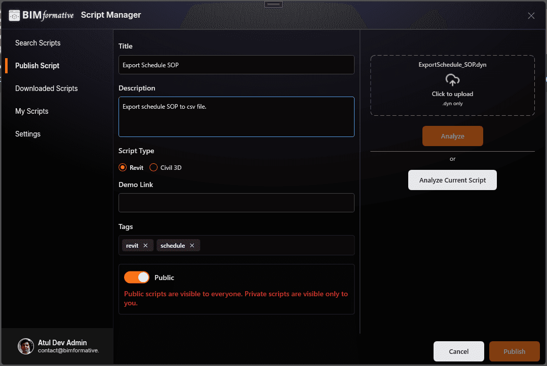 BIMformative Dynamo extension publish script interface